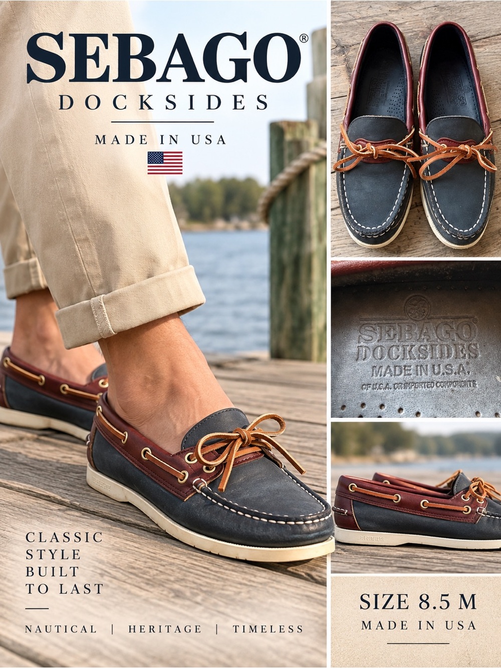 Sebago Docksides Boat Shoes womens 8.5 M Navy Burgundy Leather Made in USA